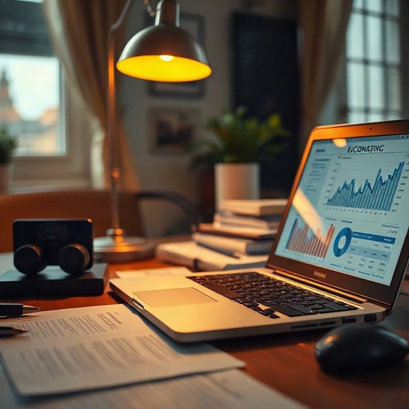 Escritorio de periodista con laptop mostrando gráficos económicos e informes del INE bajo una lámpara ámbar-dorada