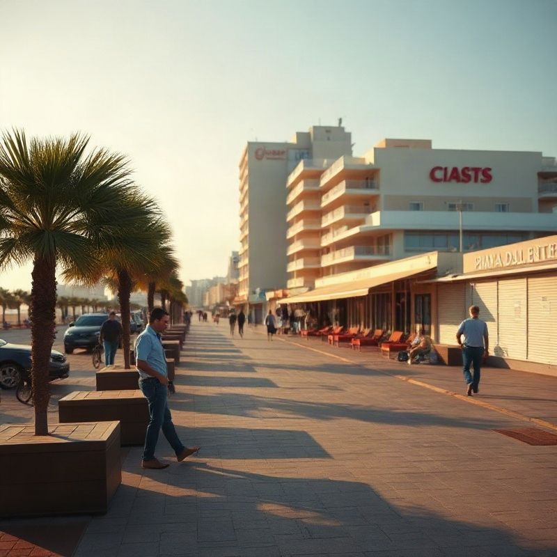 Rambla de Punta del Este, Maldonado, en temporada baja con luz ámbar-dorada de la tarde