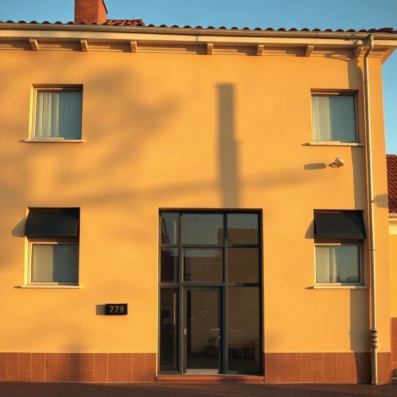 Fachada ámbar-dorada de un edificio de oficinas en Av. Roosevelt, Maldonado, con luz cálida de la tarde