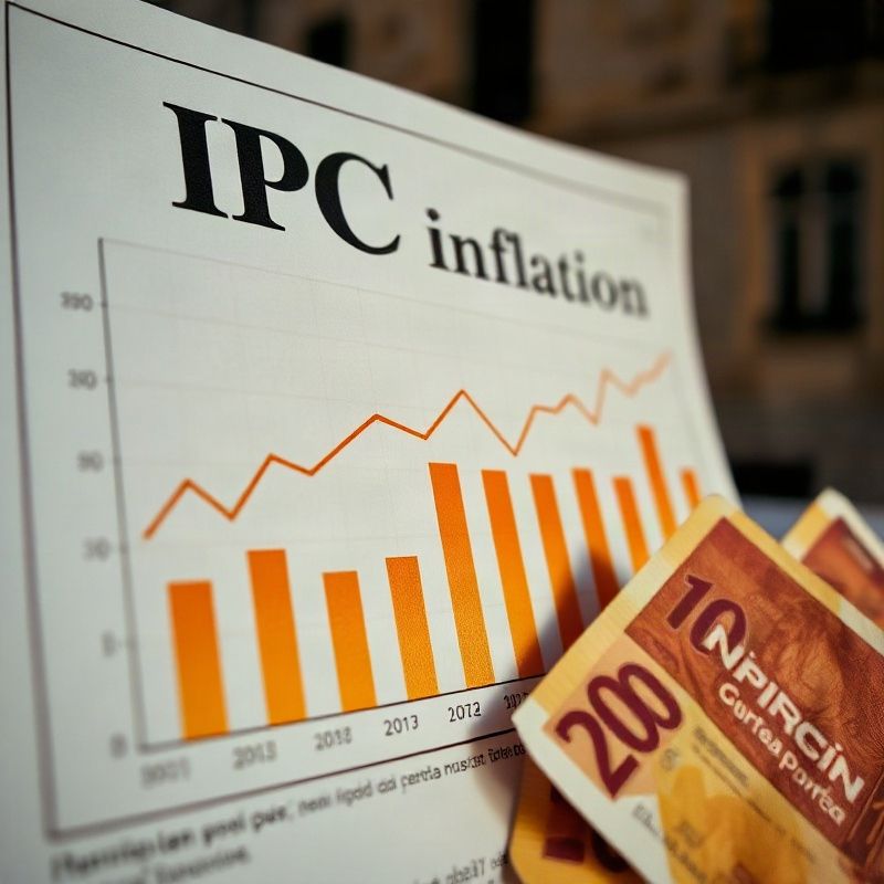 Primer plano de un gráfico impreso del IPC con reflejo ámbar-dorado y billetes uruguayos en el borde
