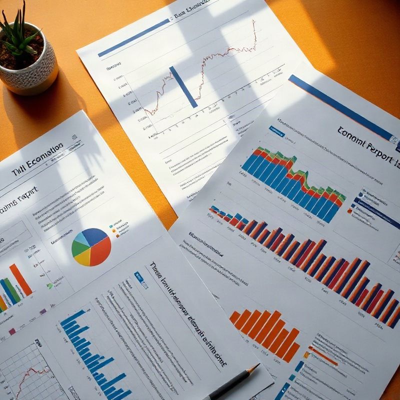 Informes económicos impresos y gráficos de datos sobre fondo ámbar-dorado